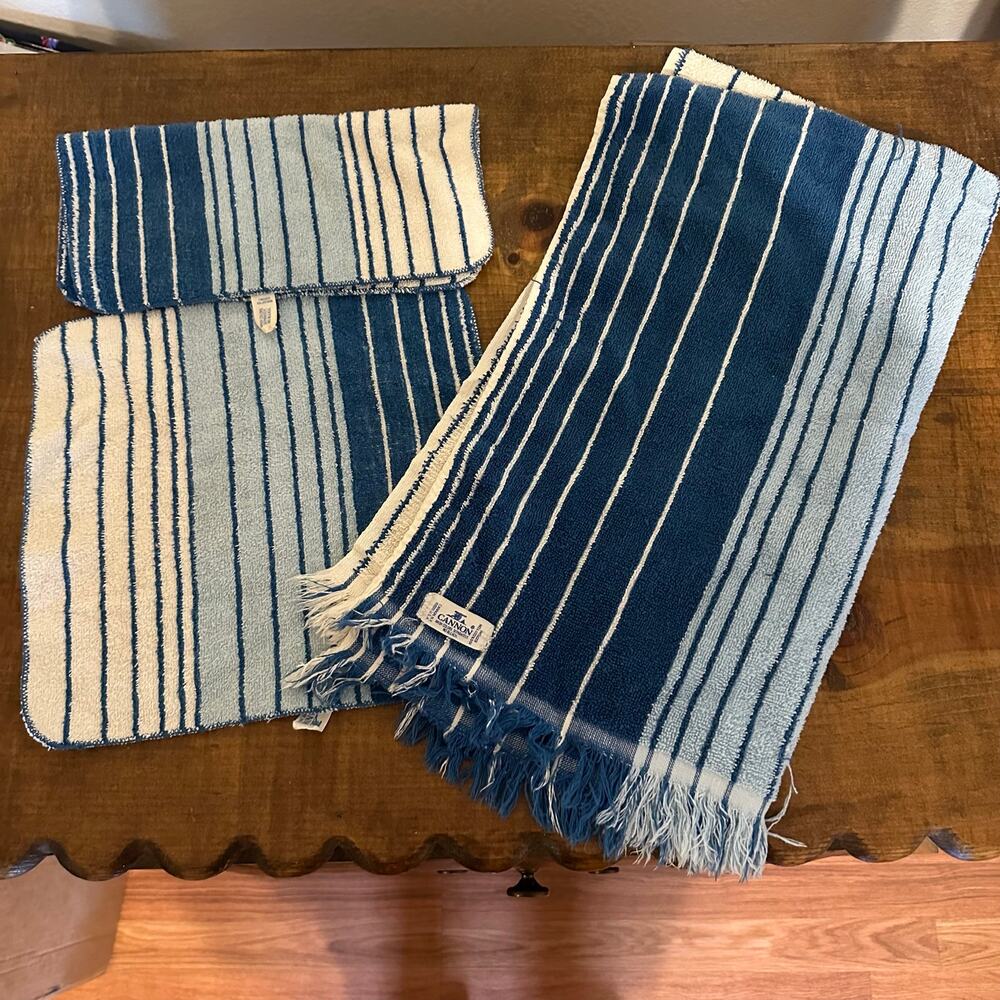 Cannon Blue & White Striped Bath Towel Set 3 Piece Fringe Cotton Made in USA VTG